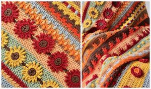 Experience the Autumn Rhapsody with this crocheted blanket, featuring vibrant stripes and floral patterns in rich red, orange, yellow, and green hues. Perfect for a Crochet Along, it's an inviting addition to any cozy nook.