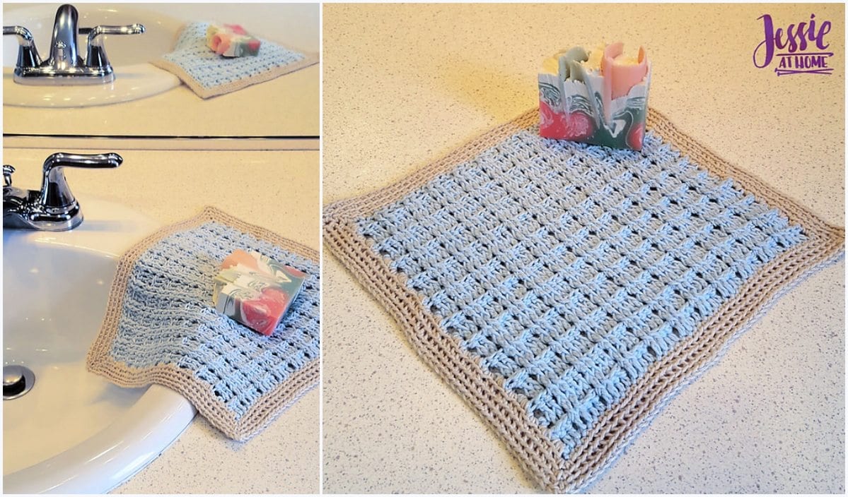 A crocheted washcloth featuring a delicate Broken Rib pattern sits elegantly alongside a multicolored soap on the bathroom sink and countertop.