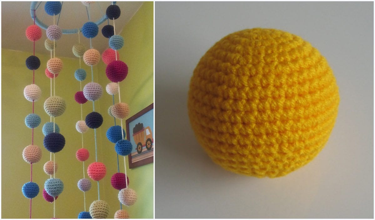 Left: Hanging colorful crocheted balls in various shades on strings from a crochet pattern. Right: Single yellow crocheted ball on a plain background.