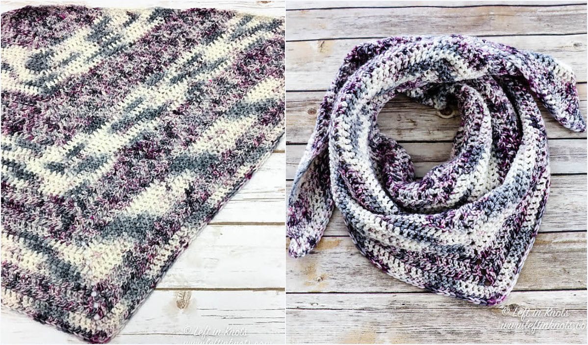 Two images showcase a crocheted shawl in shades of purple, gray, and white on a wooden surface. One features a folded section, while the other displays it in a triangle shape, just like how meticulous crafting of swan amigurumi follows a crochet pattern for exquisite results.