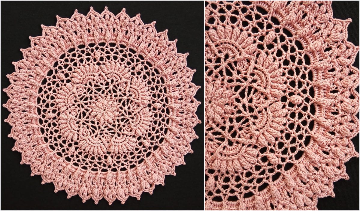 Intricate pink crochet doily with a symmetrical circular pattern, shown in full and close-up detail against a dark background. Perfect for adding elegance to your decor, this piece is as captivating as a lovey in its charm.