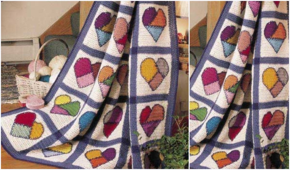 The Mended Hearts Blanket, featuring vibrant heart patterns, cascades gracefully over a green armchair, with a basket of yarn nearby—a perfect free crochet pattern for cozy afternoons.