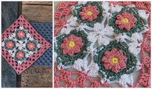 Close-up of a crocheted square with floral patterns in pink, green, and white yarn, part of the Autumn Rhapsody Blanket CAL, displayed on a wooden surface with another crochet piece in the background.