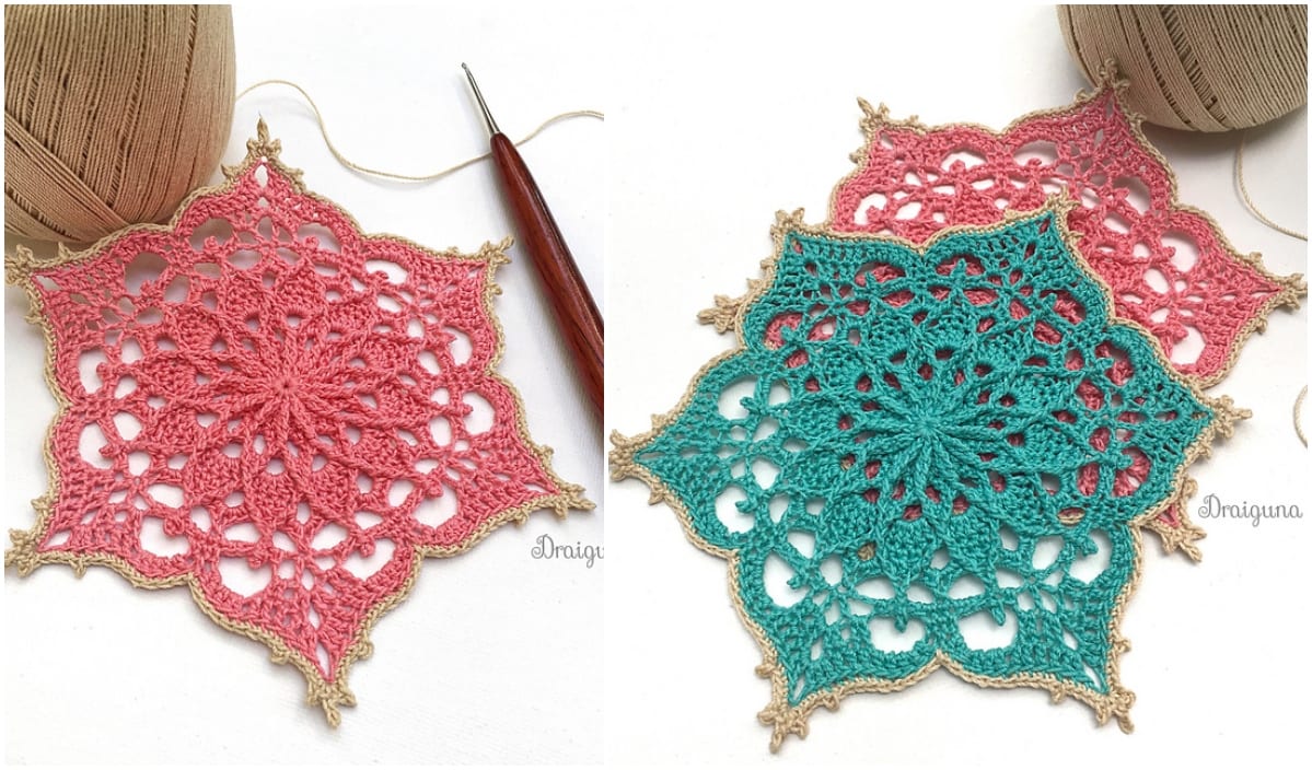 Two crocheted doilies, one pink and one teal, with a crochet hook and beige yarn ball nearby, showcase the delicate artistry of the Wispweave Hexagon. Perfect for those seeking inspiration in their next project or exploring a free crochet pattern.