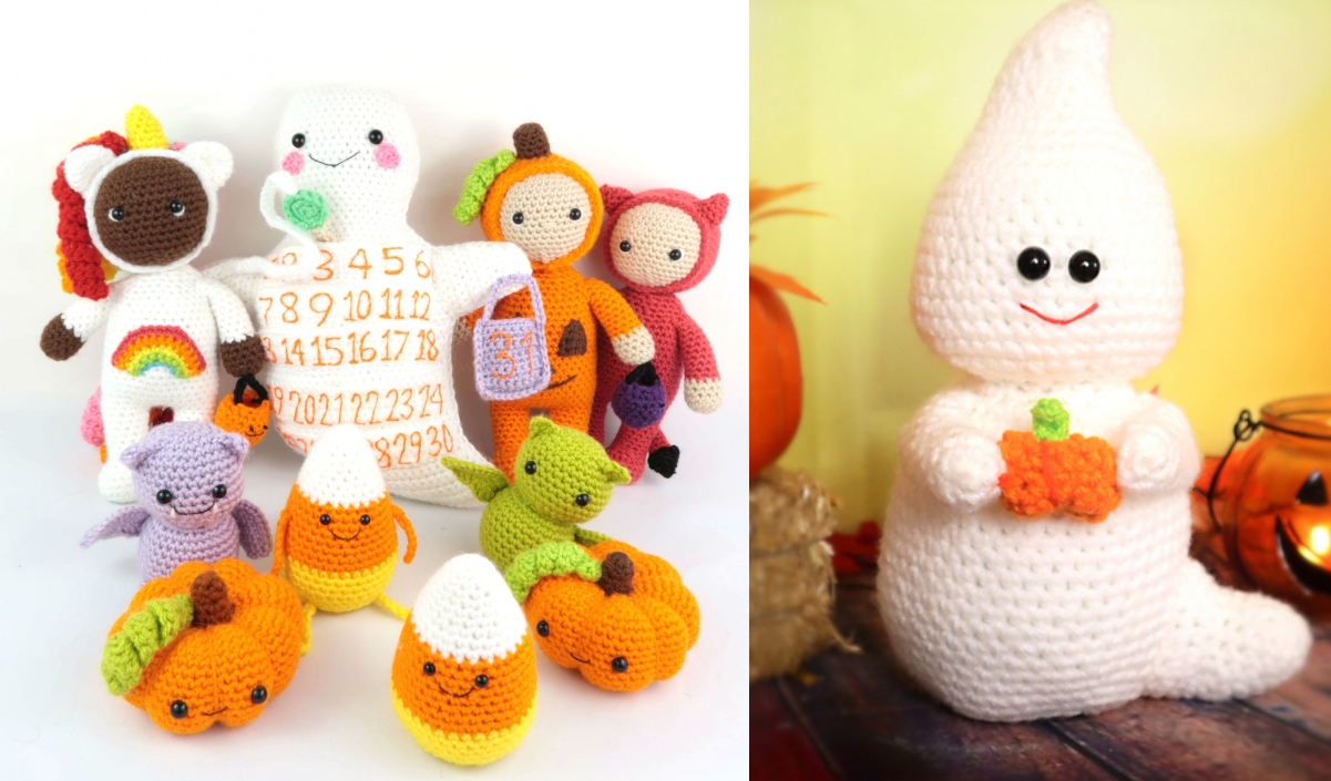 Colorful crocheted toys, featuring Halloween amigurumi like a ghost, animals, pumpkins, and candy corn, artfully arranged on a display.