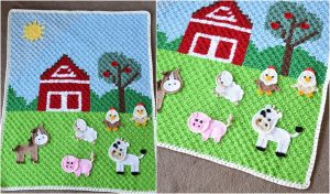 Discover the charm of this crocheted farm animal blanket, featuring a vibrant red barn, sunlit trees, playful ducklings, a cheerful duck, pig, horse, and cow against lush green and blue backgrounds. Perfect for those seeking a delightful crochet pattern to bring warmth and whimsy to any space.