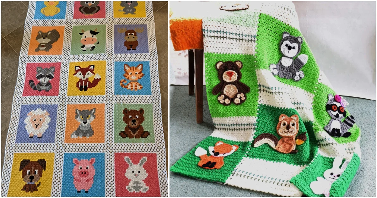 Two crocheted forest animal blankets featuring charming designs. The left blanket has a grid of cartoon animals, while the right displays forest creatures against a green backdrop.