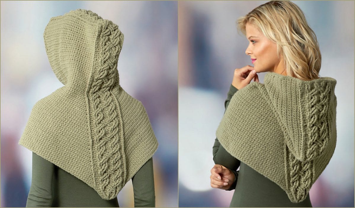 A person is wearing a green knitted hooded shawl with a cable knit design on the back and sides, reminiscent of a cabled hooded cowl. The stylish piece could easily be created using a free crochet pattern. Front and back views are shown.