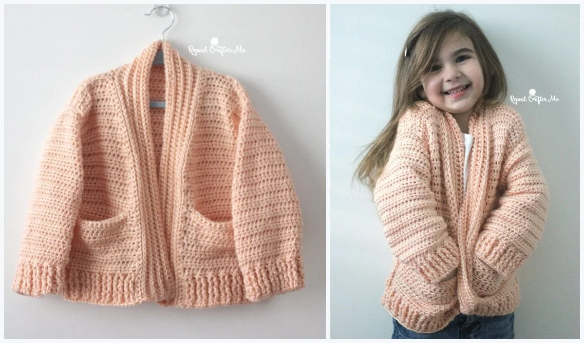 A peach-colored crocheted cardigan, crafted from a free crochet pattern, is displayed on a hanger on the left; on the right, a smiling child enjoys some chill time wearing the same cozy child's cardigan.