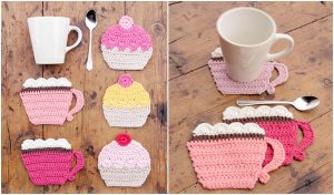 Two images showcase crochet cup and dessert-shaped coasters in delightful pinks and yellows, adding a pop of color to your coffee setting with a white mug and spoon on a wooden surface. Perfect for those who cherish unique crochet patterns.