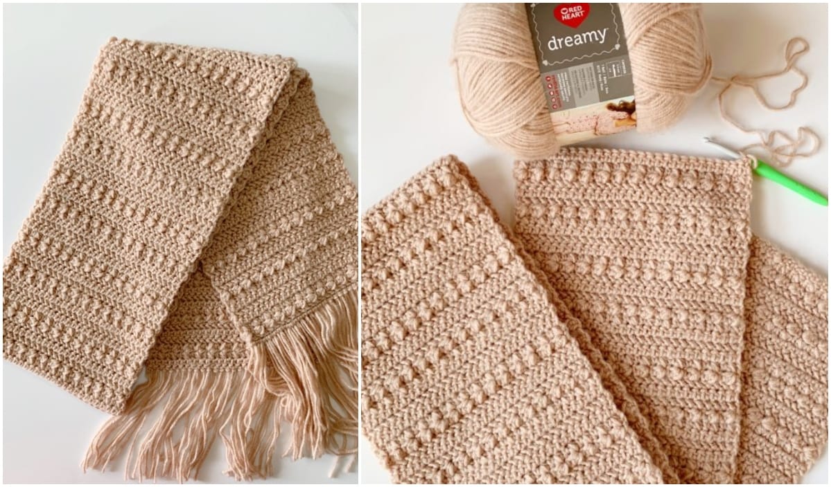 Beige crochet scarf with fringed ends, elegantly showcased in two images. Spot the "Red Heart Dreamy" yarn and green crochet hook, inspiring your own scarfs through creative patterns.