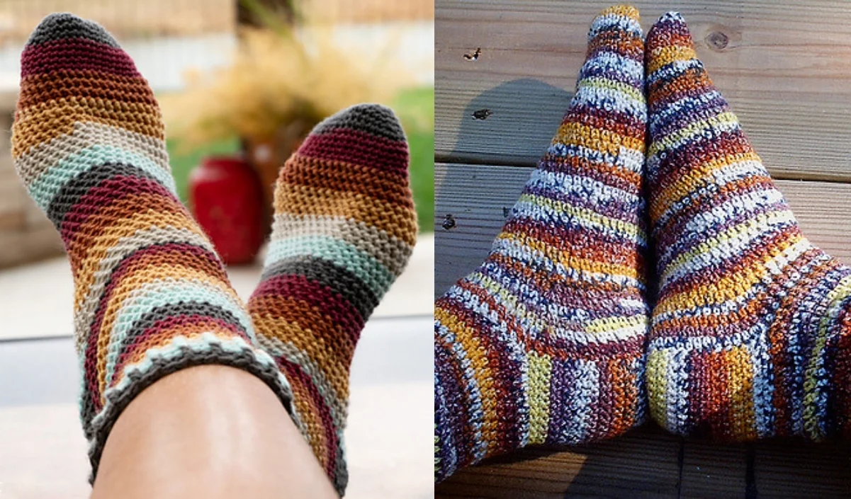 Two pairs of feet wearing the ultimate colorful, crocheted socks: one with red tones on the left, and one with autumnal stripes on the right, both resting gracefully on wooden surfaces.