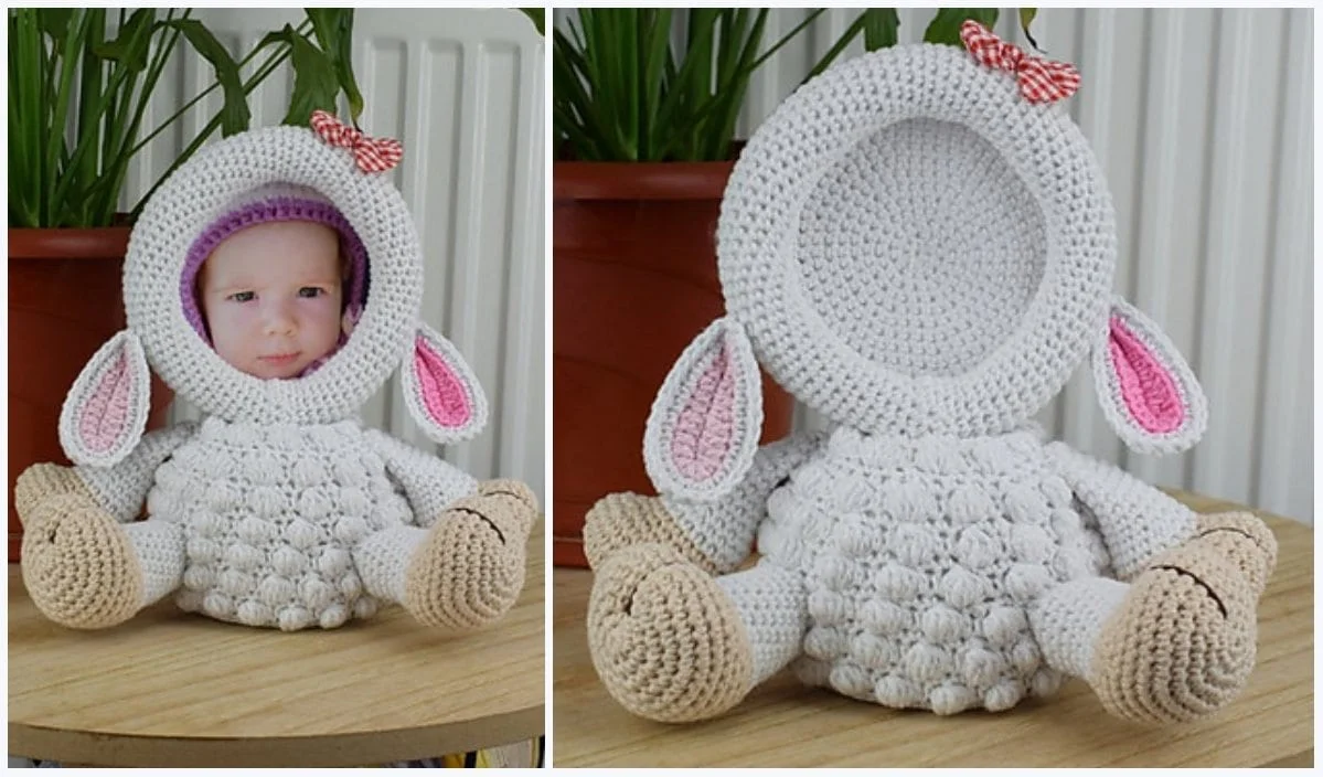 This charming crocheted lamb photo frame, complete with floppy ears and a child's face inside, adds a whimsical touch. Positioned next to a potted plant, it hints at the delightful possibilities you can create with any free crochet pattern.