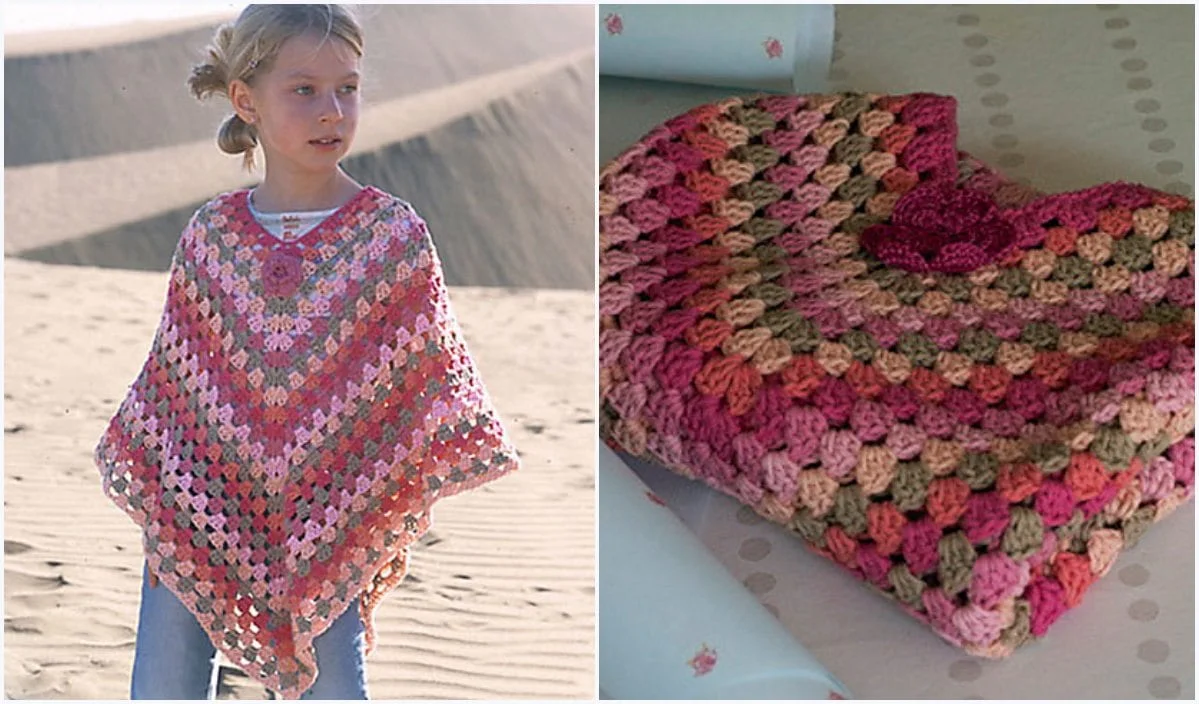 A young person wearing a vibrant Sophie Poncho in a desert setting; the free crochet pattern design is showcased folded in a second image.