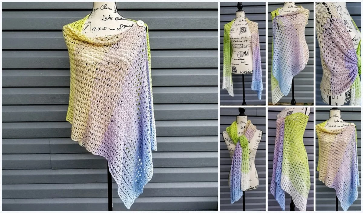 Displayed against a striped wall, the crocheted shawl with its gradient pattern in pastel hues drapes elegantly on the mannequin. This versatile Maui Convertible piece can be styled in numerous ways, making it a must-have for any wardrobe.