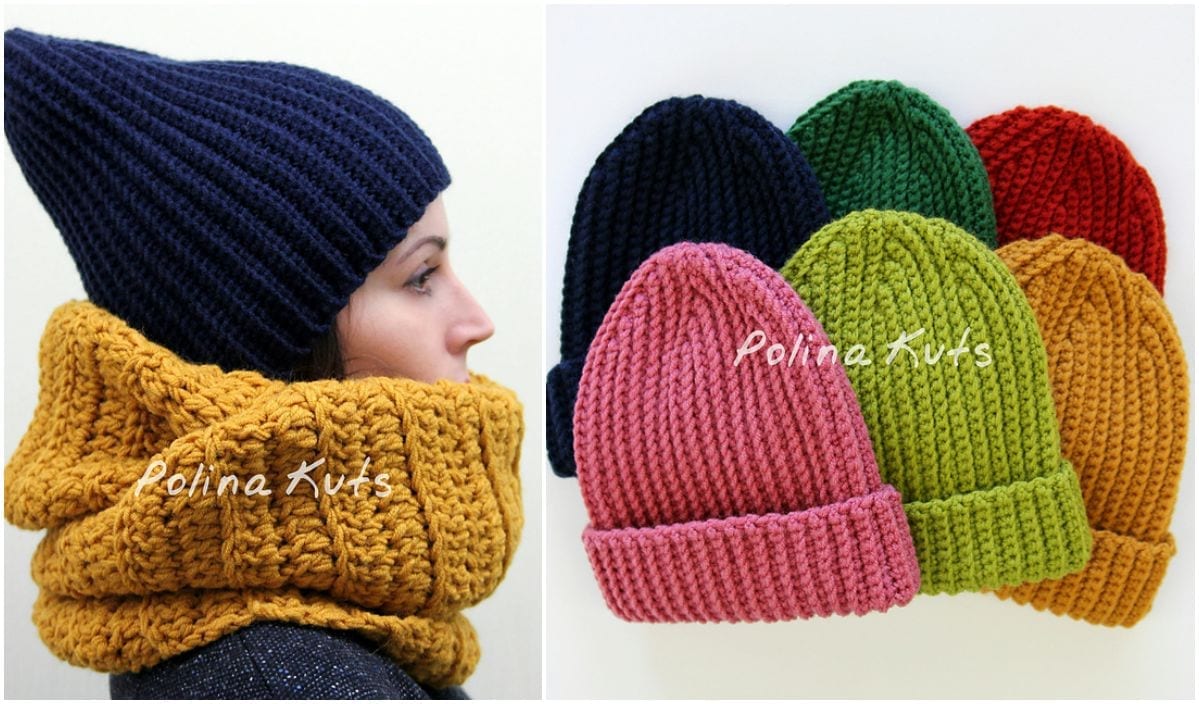 A person sports a blue knit hat and mustard scarf. To the right, five hats in pink, green, red, mustard, and navy are meticulously displayed. Discover your next favorite look with a free crochet pattern that captures timeless elegance.