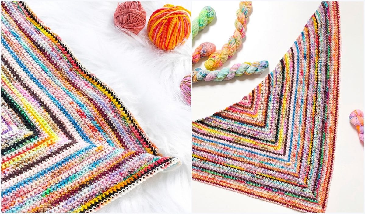 A colorful, striped knitted shawl is artfully displayed alongside various balls of multicolored yarn on a white surface, offering inspiration for any crochet pattern enthusiast.