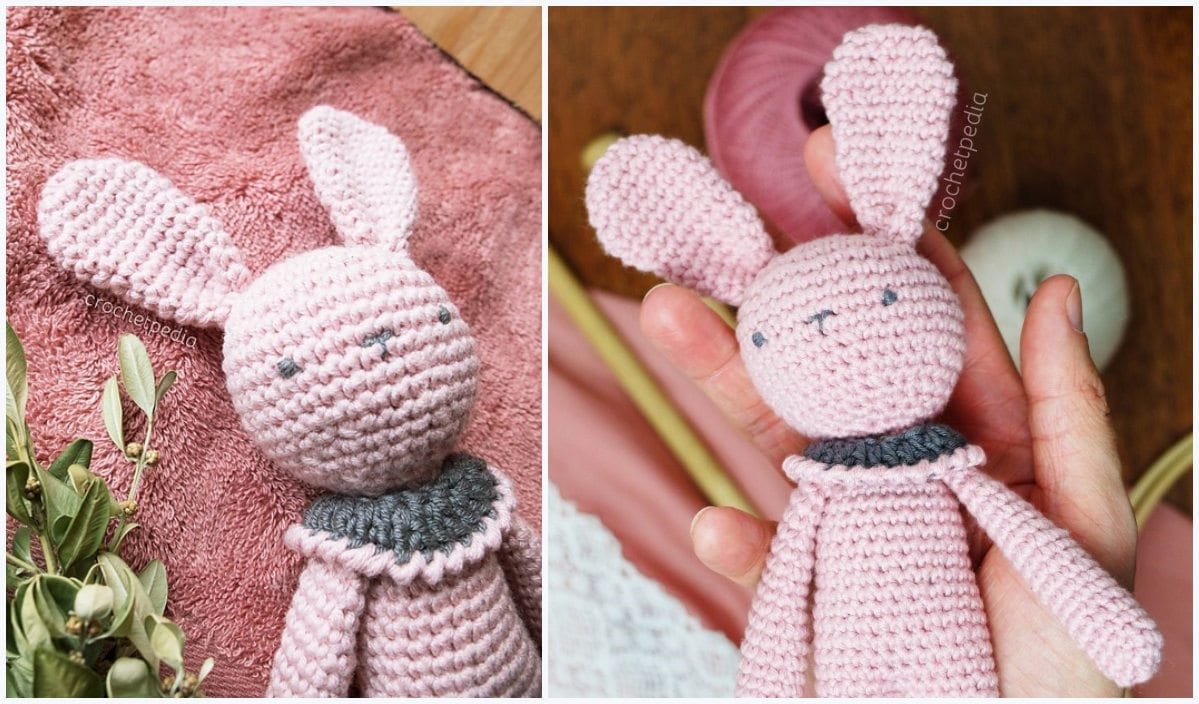 Two images of a pink crocheted Rose Bunny with a gray collar. The bunny is shown resting on a pink towel and held in a hand, with crocheting supplies visible in the background. Perfect as inspiration for your next project, perhaps using a free crochet pattern to recreate this adorable bunny!