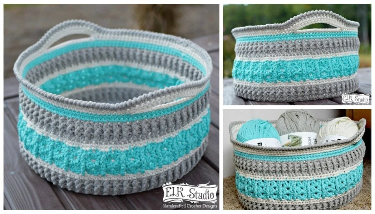 A crocheted basket with handles in gray, white, and turquoise. Highlight its vibrant use by storing yarn balls or showcasing your latest puff stitch creations. This charming piece complements any crafty space and pairs beautifully with a free crochet pattern project.