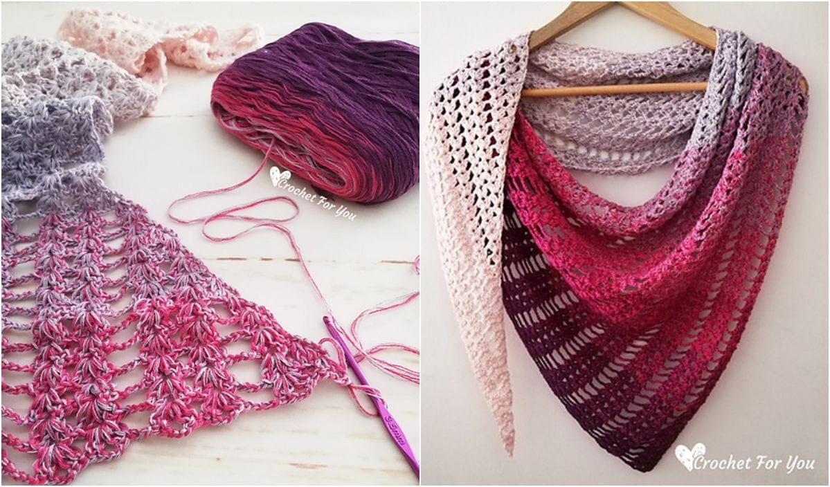 Two images: on the left, a pink-to-purple ombre yarn and partially crocheted shawl; on the right, the completed ombre shawl draped on a hanger. Create your own masterpiece with this free crochet pattern, perfect for adding flair to any Miarly CAL Blanket collection.