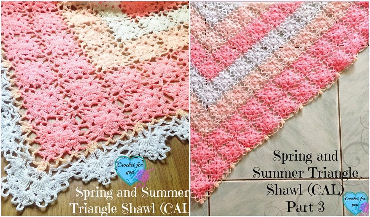 Close-up of a pink and white crochet triangle shawl with floral patterns and lace edging. Text reads "Spring and Summer Triangle Shawl (CAL) Part 3." Discover this captivating style as part of our free crochet pattern collection.