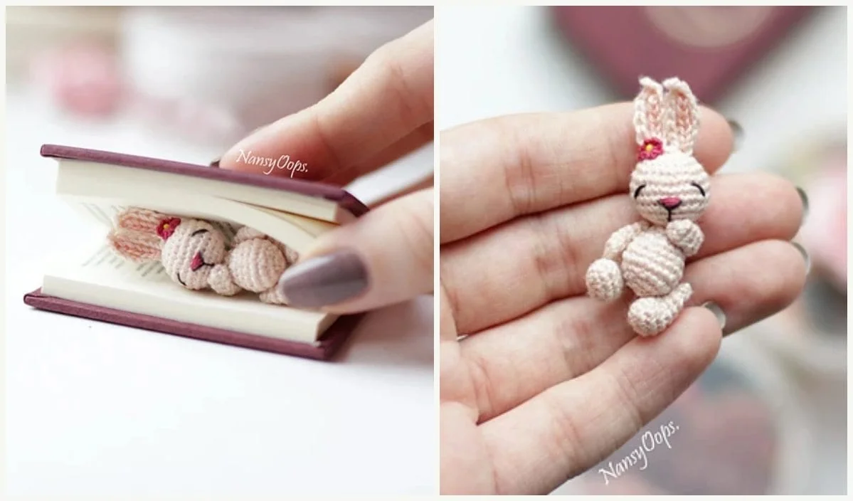 A hand holding a tiny crocheted bunny, crafted using a free crochet pattern, with a second image showing the bunny tucked inside a small book.