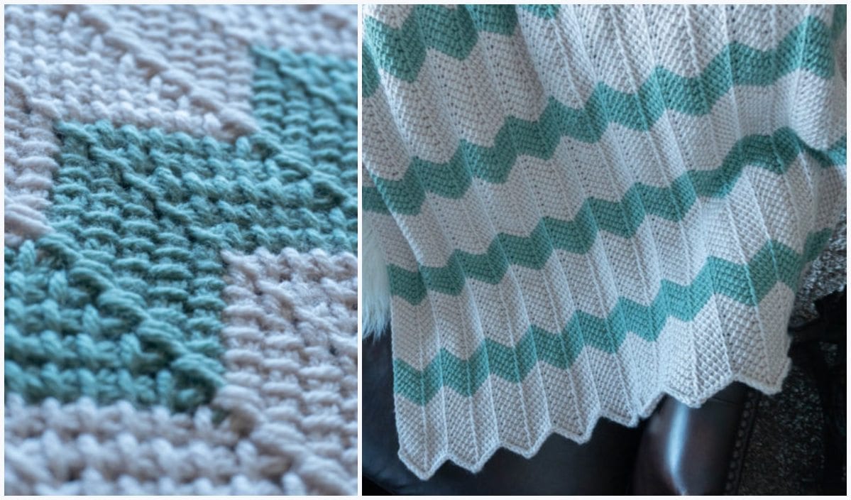 Close-up of a knitted baby blanket featuring green and white zigzag patterns. The left image showcases the detailed stitching akin to a Tunisian Chevron, while the right image displays a larger section of this charming design.