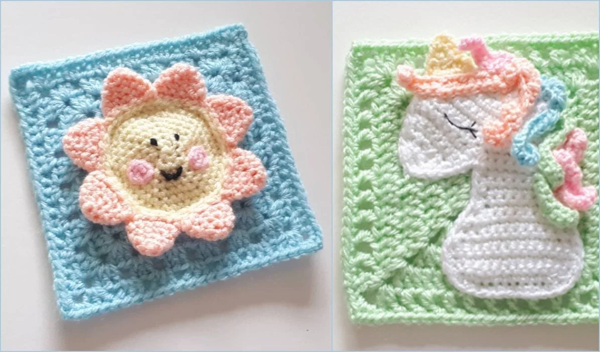 These charming crocheted coasters feature two delightful designs: one showcases a smiling flower on a blue background, perfect for brightening any coffee break, while the other displays a unicorn head on a green background. Ideal for adding a whimsical touch to your crochet pattern collection.