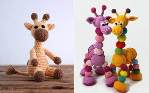 Two delightful amigurumi giraffes: the left features a seated brown crochet giraffe with simple charm, while the right displays two vibrant, segmented giraffes standing together.