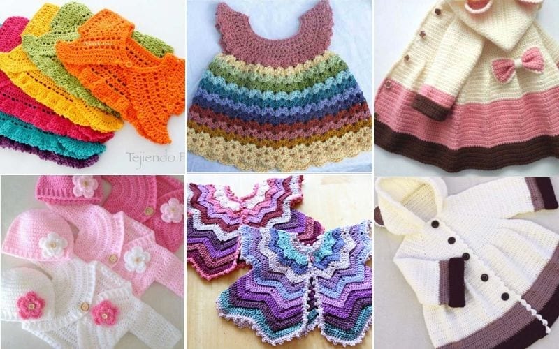 A collage of adorable baby clothes showcases colorful crocheted dresses, cardigans, and hats in various vibrant patterns and shades.