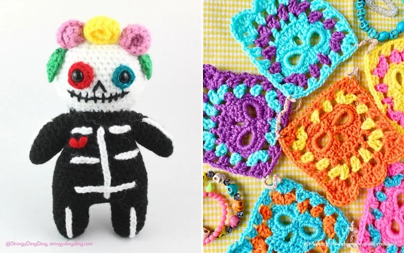 A crochet halloween skeleton doll adorned with colorful flowers sits alongside vibrant crocheted square designs on a yellow background, adding an eerie charm.