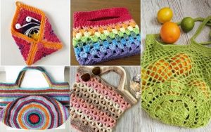 A vibrant collage of six colorful crochet bags showcases an array of designs, from rainbow and striped to intricate mesh patterns, with some bursting with fruits and accessories.