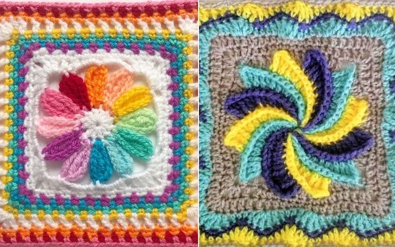 Two colorful crochet squares: one with a multicolored flower design on the left and the other featuring a swirl that evokes colorful pinwheel ideas in blue, purple, and yellow against a taupe background on the right.