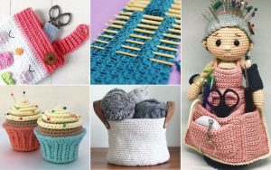 Discover our delightful crochet accessories: a pouch with scissors, dish scrubbers on a hook, and a charming doll holding essential craft tools. Perfect for crafters, we also offer cupcake-shaped pincushions and a basket filled with yarn and knitting needles.