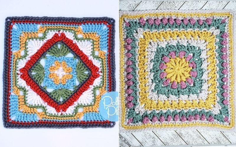 Two eye-catching, intricately crocheted Afghan squares showcase colorful designs with floral and geometric motifs, beautifully set against a light background.