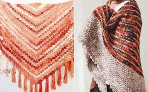 Two fantastic crochet shawls: Left is a triangular design with pink, orange, and cream stripes, featuring tassels. Right is a multicolored shawl draped over shoulders, blending earthy tones—perfect for fall.