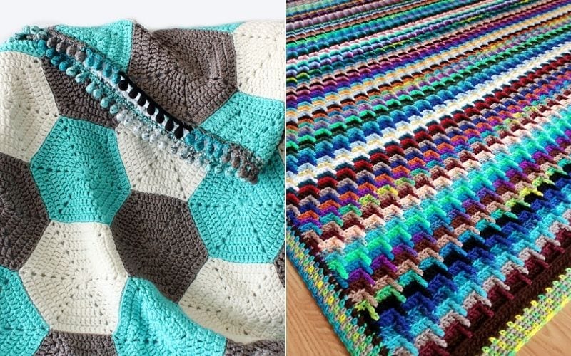 A turquoise, brown, and white crocheted hexagonal blanket sits next to an eye-catching Afghan with colorful stripes.