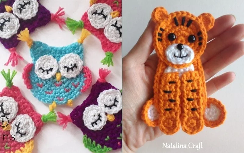 Colorful crochet owl coasters rest on the left, while a hand displays a crocheted tiger figure on the right. Bright and playful, these designs spark ideas for crafting enthusiasts.