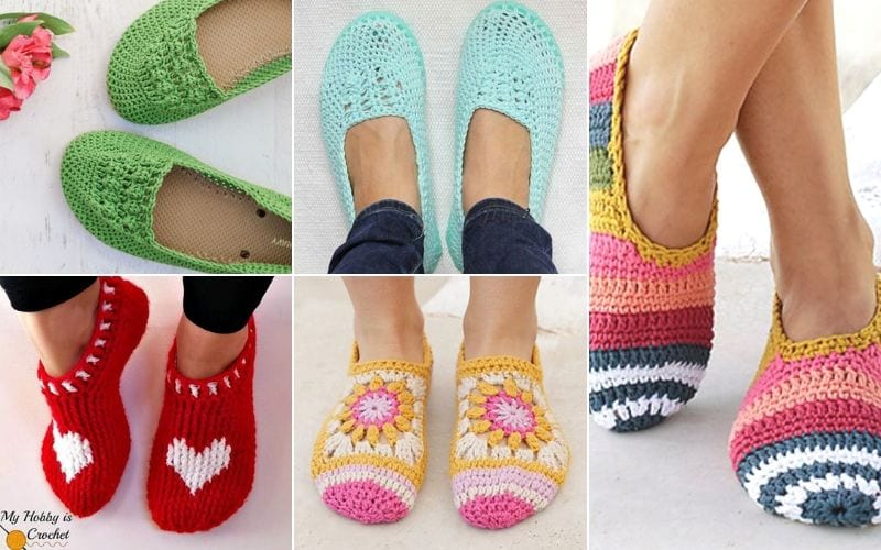 A lovely collage of five crocheted slippers showcases a variety of styles and colors, including green, blue, red adorned with hearts, pink and yellow with flowers, and vibrant multicolored stripes. Perfect crochet footwear for any occasion!