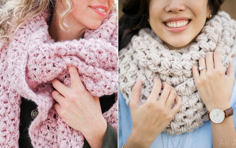 Two people wearing chunky knitted scarves, perfect accessories for any outfit. The left scarf showcases a lovely pink shade, while the right features a warm beige hue. Both smiles are complemented by visible jewelry on their hands, with each scarf crafted using the delightful puff stitch technique.