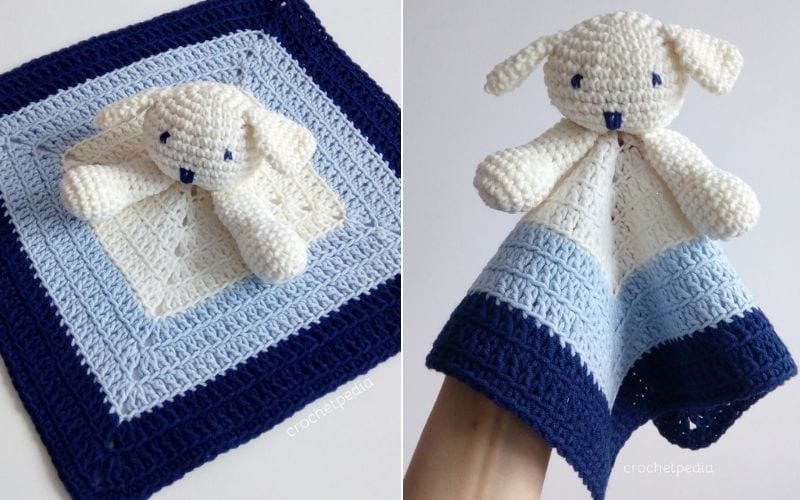 Two images of a crocheted lamb lovey: one laid flat showing a blue and white square blanket, the other held to display its soft toy lamb head and arms. Discover how to make this charming piece with our free tutorial.