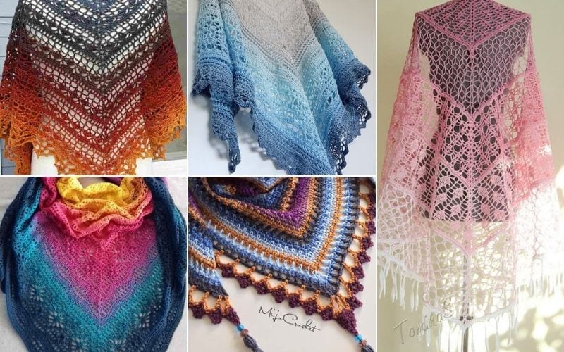 Stunning collage featuring five crocheted shawls, each showcasing vibrant colors and patterns, with beautiful gradients of orange, blue, pink, and multicolored hues.