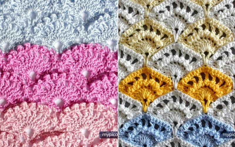 Close-up of two stunning crochet patterns: the left showcases pink and blue shell stitches in a scalloped design, while the right features a geometric diamond pattern in yellow, blue, and beige.