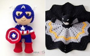 Amigurumi dolls: one resembling a superhero in red, white, and blue with a shield, and another featuring a character with a black cape and mask. Perfect ideas for adding charm to any collection.