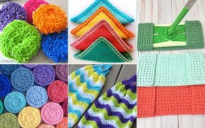 A vibrant collage of colorful crochet items showcases dishcloths, scrubbers, and mop covers in various patterns and hues, perfect as useful home accessories.