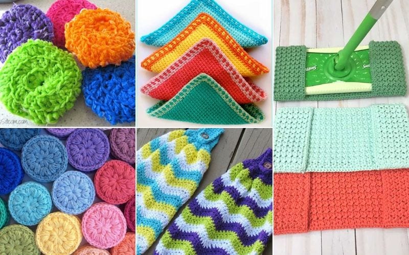 A vibrant collage of colorful crochet items showcases dishcloths, scrubbers, and mop covers in various patterns and hues, perfect as useful home accessories.