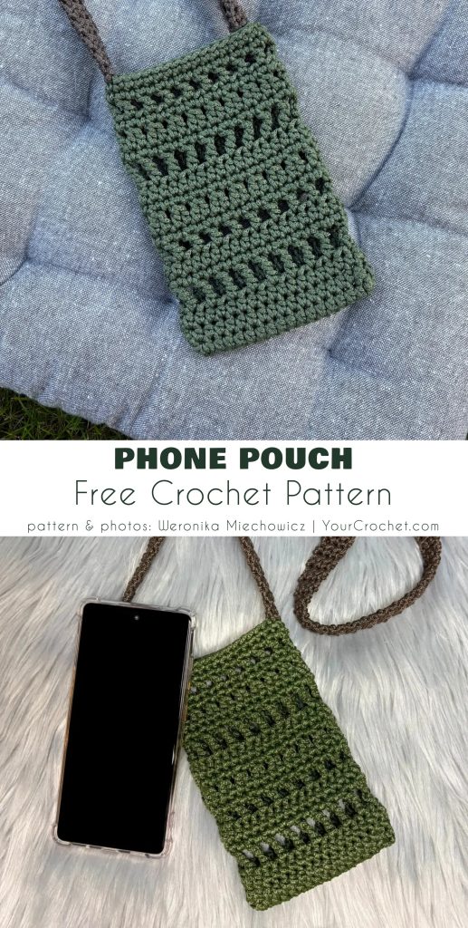 A green crocheted phone pouch with a strap is shown on a cushion and with a phone partially inside on a textured surface, highlighting its stylish design as a unique crocheted phone case.