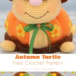 A crochet turtle with a floral-patterned shell, wearing a whimsical hat adorned with flowers and leaves, complemented by a green ribbon. Its delightful design evokes the charm of a crochet pumpkin pattern, adding an extra layer of creativity to its appearance.