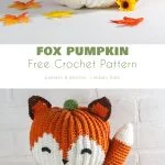 Two crocheted fox pumpkins, crafted with a charming crochet pumpkin pattern, feature tails and closed eyes, stacked on top of each other.