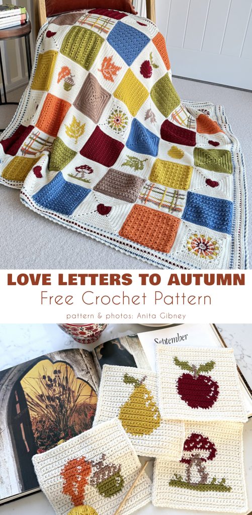 A beautiful square blanket, crocheted in vibrant autumn hues, is draped over a chair; below are four crochet swatches with lovely fall motifs displayed beside an open book.